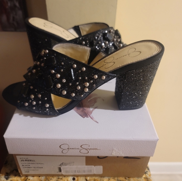 Jessica Simpson RIZELL, Black Sequin and pearl Mule Pumps - Picture 6 of 7